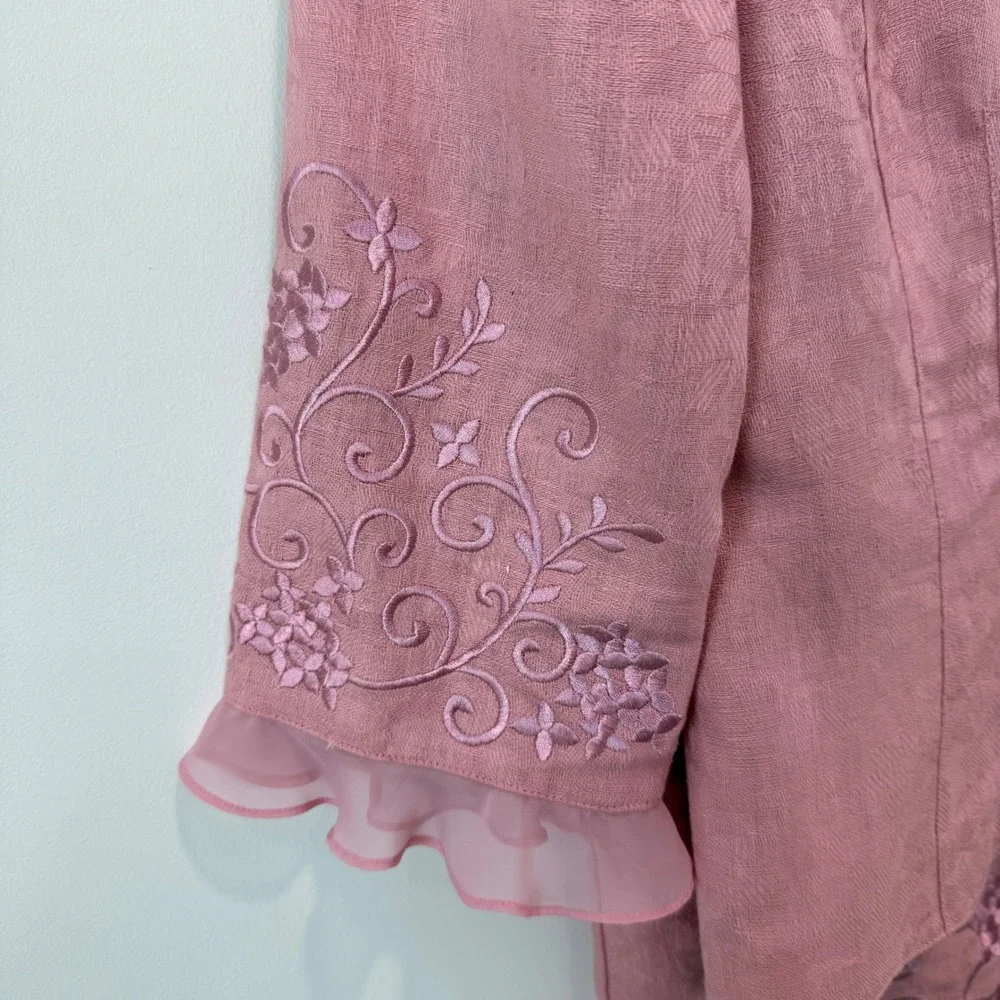 Vintage 2-Piece Suit Embroidered Pink Linen Blend Pencil Skirt Set 10 Lined Chic